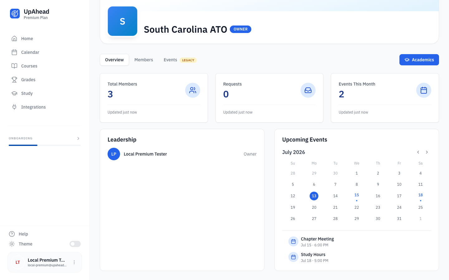 Chapter Organization: members, upcoming events, and shared calendar